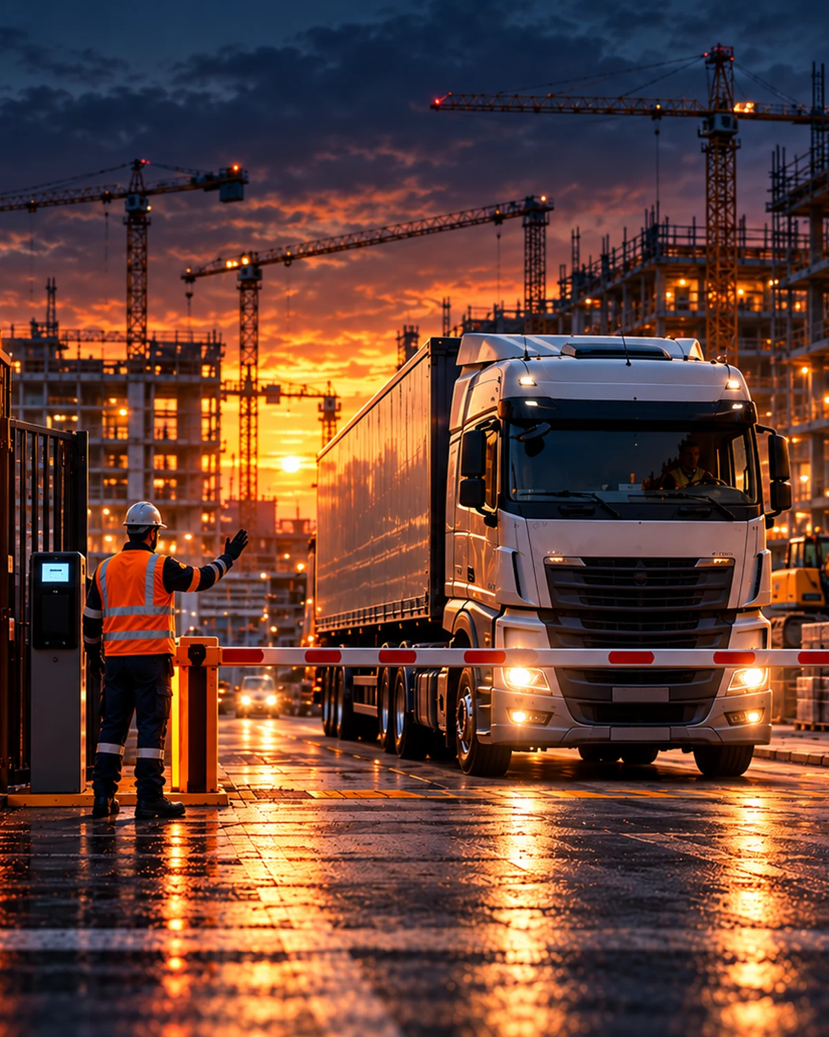 Construction delivery vehicle entering a controlled site gate