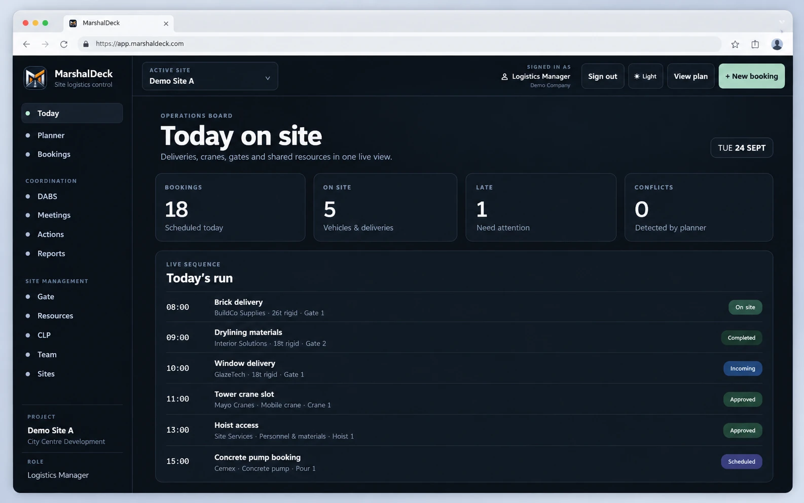 MarshalDeck live operations dashboard showing bookings, site status and today's delivery run